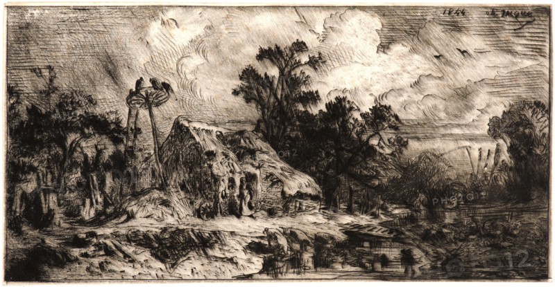 Charles Ãâmile Jacque (French, 1813 - 1894). Landscape. Thatched Cottages (Paysage. ChaumiÃ¨res), 1844. Drypoint on wove paper. Plate: 108 mm x 212 mm (4.25 in. x 8.35 in.). Only state.