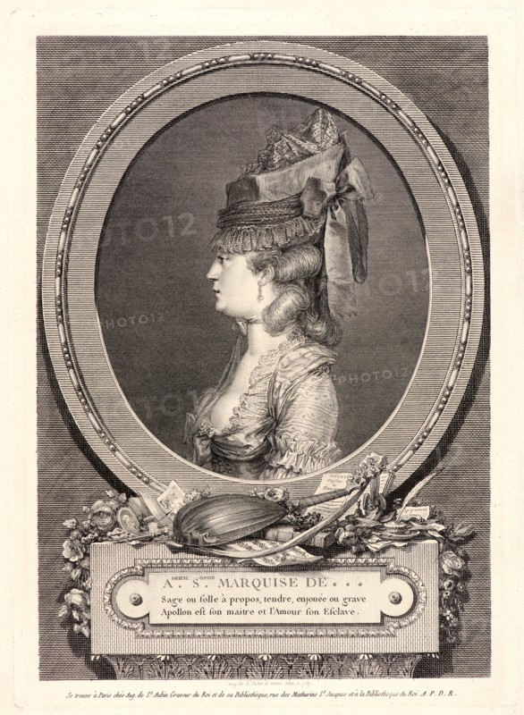 Augustin de Saint-Aubin (French, 1736 - 1807). Portrait of Adrienne-Sophie, Marquise de --- (Montesson), 1779. Etching, engraving, and drypoint on laid paper. Plate: 285 mm x 205 mm (11.22 in. x 8.07 in.). Fourth of four states.