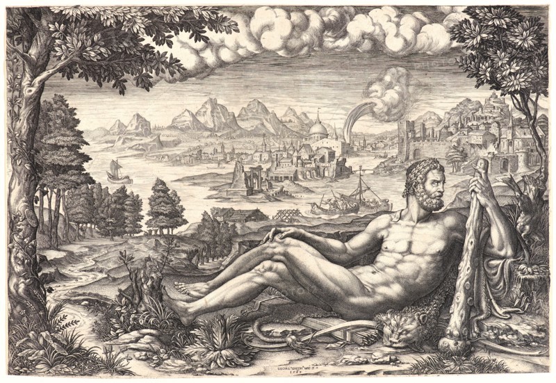 Giorgio Ghisi (Italian, 1520 - 1582). Hercules Reposing in a Landscape, 1567. Engraving. Plate: 267 mm x 392 mm (10.51 in. x 15.43 in.).