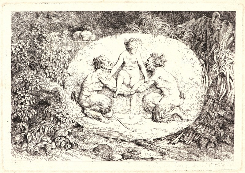 Jean-Honoré Fragonard (French, 1732-1806). Nymph Supported by Two Satyrs, 1763. From Bacchanales. Etching on laid paper. Plate: 147 mm x 213 mm (5.79 in. x 8.39 in.). First of two states.