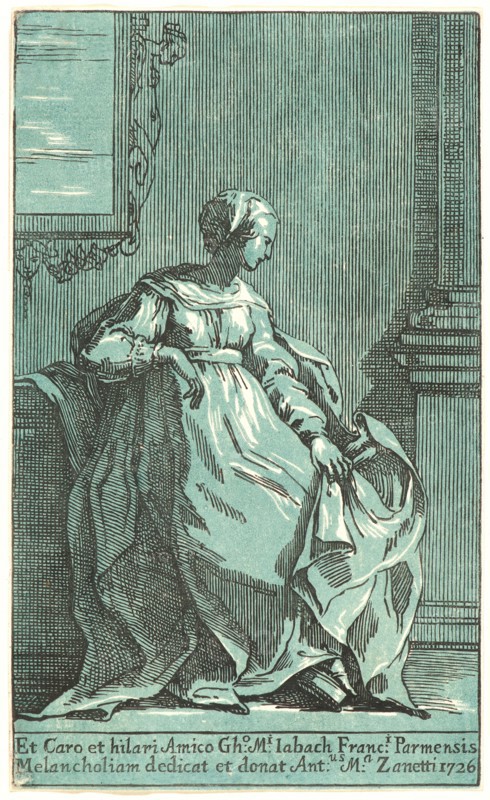 Antonio Maria Zanetti, I (Italian, 1680-1757) after Parmigianino (aka Francesco Mazzola, Italian, 1503 - 1540). A Woman Seated in a Room (Melancholy), 1726. Chiaroscuro woodcut printed from 2 blocks in aquamarine blue and black. Second of three states.