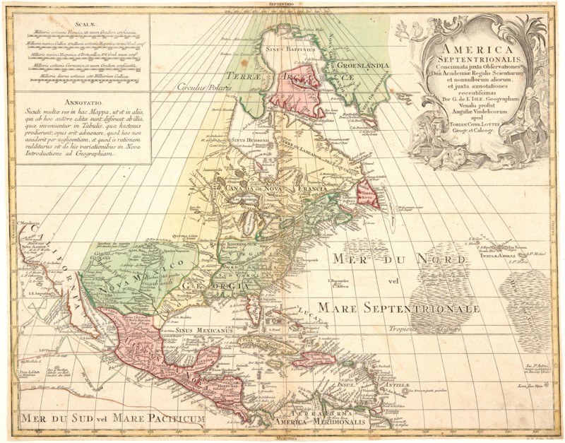Tobias Conrad Lotter (German, 1717-1777). America Septentrionalis, 18th century. Engraving with hand coloring. Plate: 453 mm x 580 mm (17.83 in. x 22.83 in.).