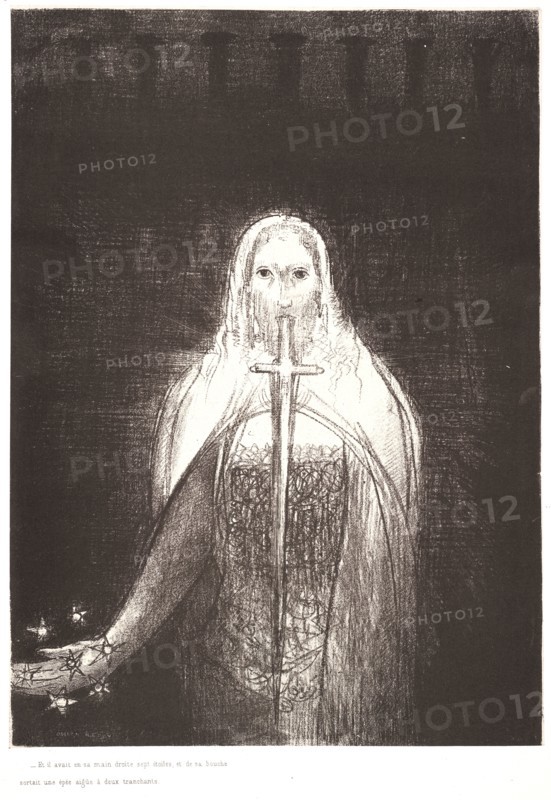 Odilon Redon (French, 1840 - 1916). And he had in his right hand seven stars, and out of his mouth went a sharp two-edged sword (Et il avait dans sa main droite sept etoiles, et de sa bouche sortait une epee aigue a deux tranchants), 1899. From Apocalypse de Saint-Jean par Odilon Redon. Lithograph on thin grey wove chine collé on heavy wove paper. Image: 290 mm x 218 mm (11.42 in. x 8.58 in.).