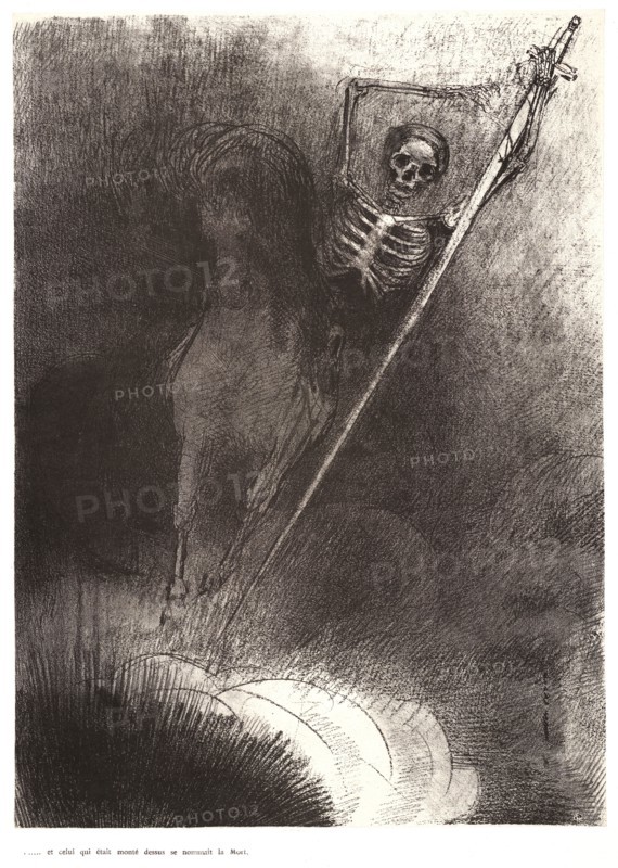 Odilon Redon (French, 1840 - 1916). And his name that sat on him was Death (Et celui qui etait monte dessus se nonmait la Mort), 1899. From Apocalypse de Saint-Jean par Odilon Redon. Lithograph on thin grey wove chine collé on heavy wove paper. Image: 310 mm x 223 mm (12.2 in. x 8.78 in.).