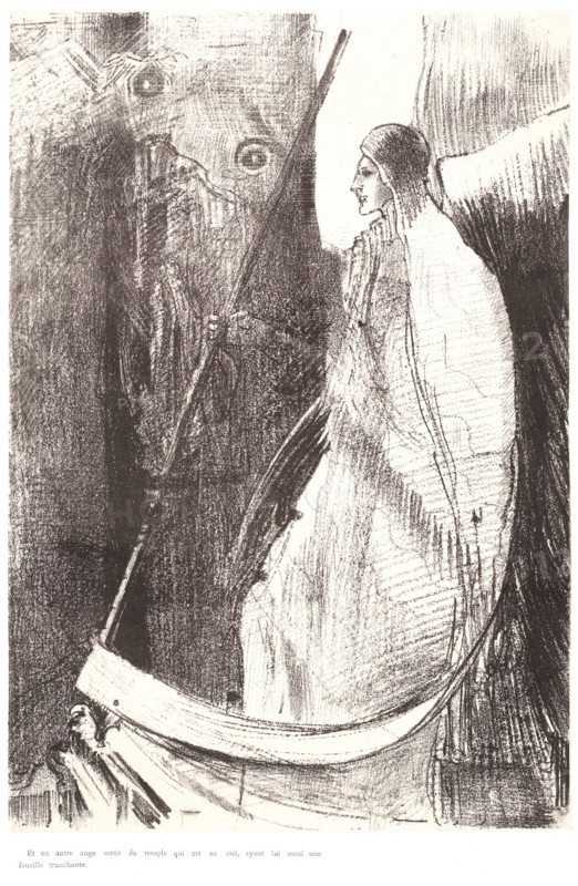 Odilon Redon (French, 1840 - 1916). And another angel came out of the temple which is in heaven, and he also having a sharp sickle (Et un autre ange sortit du temple qui est au ciel, ayant lui aussi une faucille tranchante), 1899. From Apocalypse de Saint-Jean par Odilon Redon. Lithograph on thin grey wove chine collé on heavy wove paper. Image: 310 mm x 212 mm (12.2 in. x 8.35 in.).