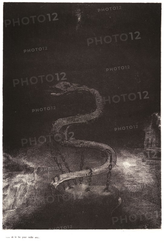Odilon Redon (French, 1840 - 1916). And bound him in a thousand years (Et le lia pour mille ans), 1899. From Apocalypse de Saint-Jean par Odilon Redon. Lithograph on thin grey wove chine collé on heavy wove paper. Image: 297 mm x 208 mm (11.69 in. x 8.19 in.).