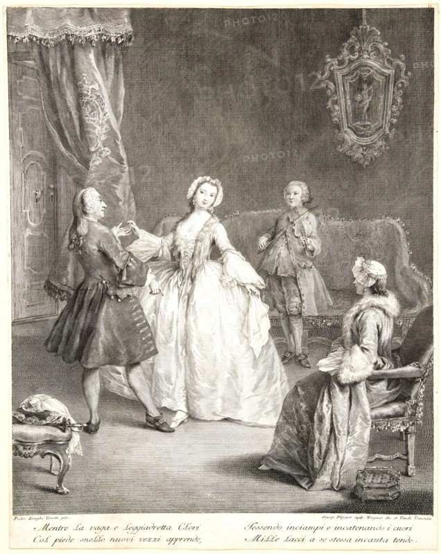 Charles Joseph Flipart (French, 1721-1797) after Pietro Longhi (Italian, ca. 1701-1785), engraved under Joseph Wagner (German, 1706-1780). The Dancing Lesson, ca. 1741-1745. Etching and engraving on laid paper. Sheet: 440 mm x 349 mm (17.32 in. x 13.74 in.).
