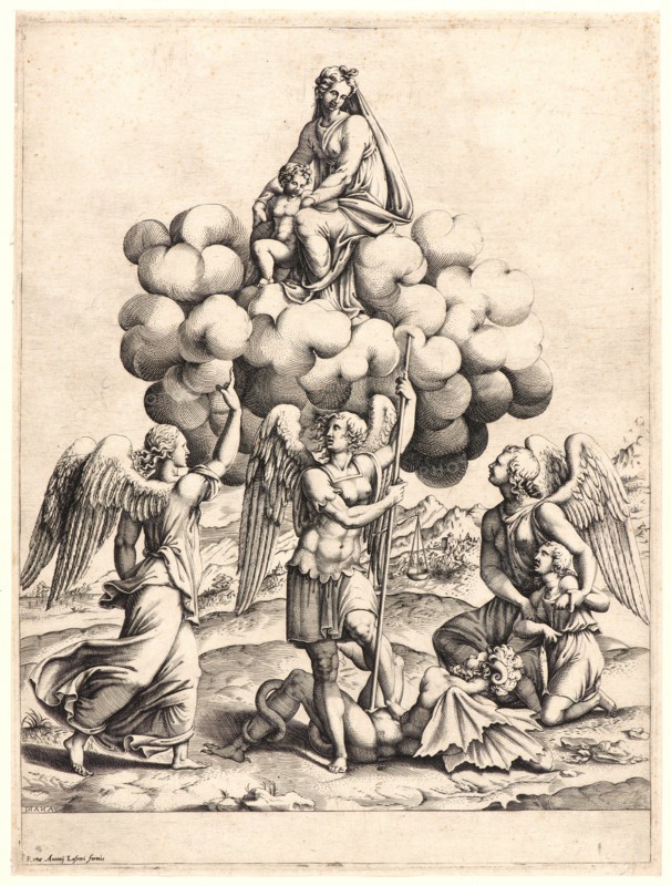 Diana Scultori (aka Mantovana, Italian, ca. 1535-1587) after Raphael (Italian, 1483 - 1520). The Virgin and Child with the Archangels, Gabriel, Michael, and Raphael, ca. 1575-1577. Engraving. First state.