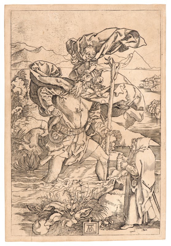 Marcantonio Raimondi (Italian, ca. 1470/1482 - 1527/1534) after Albrecht DÃ¼rer (German, 1471 - 1528). Saint Christopher, 1501-1504. Engraving on tan laid paper. Plate: 215 mm x 143 mm (8.46 in. x 5.63 in.).