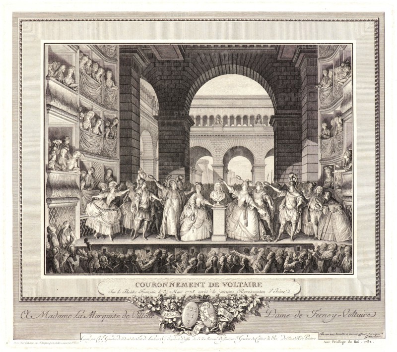 Charles-Etienne Gaucher (French, 1741 - 1804) after Jean-Michel Moreau le Jeune (French, 1741 - 1814). Crowning of Voltaire at the ThéÃ¢tre FrancÂ¸ais, 30 March 1778, 1782. Etching and engraving on laid paper. Plate: 264 mm x 300 mm (10.39 in. x 11.81 in.). Sixth or seventh of seven states.