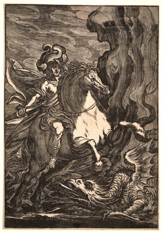 Giuseppe Scolari (Italian, active 1550â€ì1600). St. George and the Dragon, 16th century. Woodcut. Image: 528 mm x 364 mm (20.79 in. x 14.33 in.).