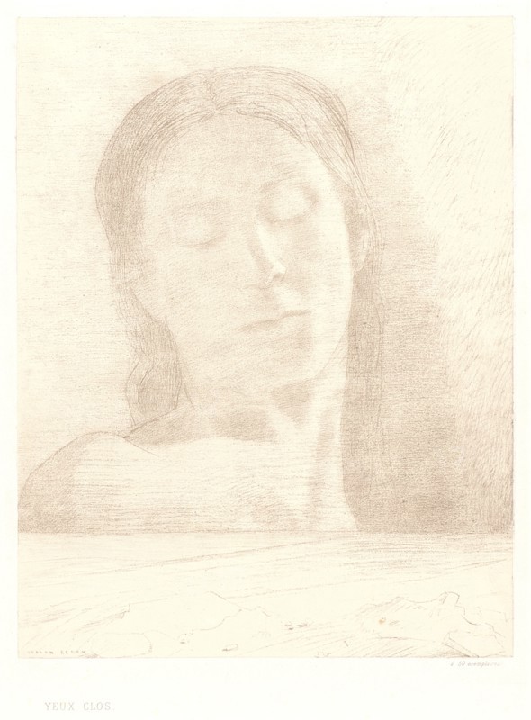 Odilon Redon (French, 1840 - 1916). Closed Eyes (Yeux clos), 1890. Lithograph printed in soft grey-brown on thin cream wove chine collé on heavy wove paper. Image: 312 mm x 242 mm (12.28 in. x 9.53 in.). First of two states.