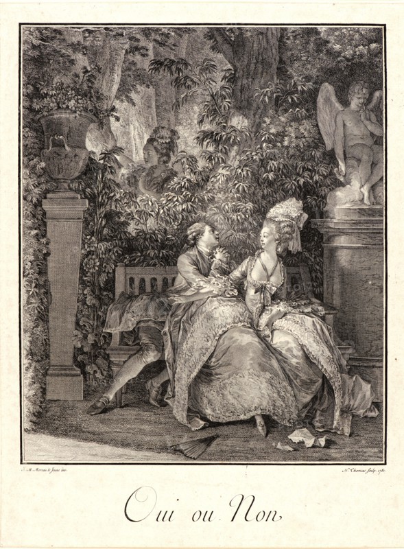 N. Thomas (French, ca. 1750 - ca. 1812) after Jean-Michel Moreau le Jeune (French, 1741 - 1814). Yes or No (Oui ou Non), 1781. From Monuments du Costume. Etching and engraving on laid paper. Plate: 333 mm x 248 mm (13.11 in. x 9.76 in.). Third of five states.