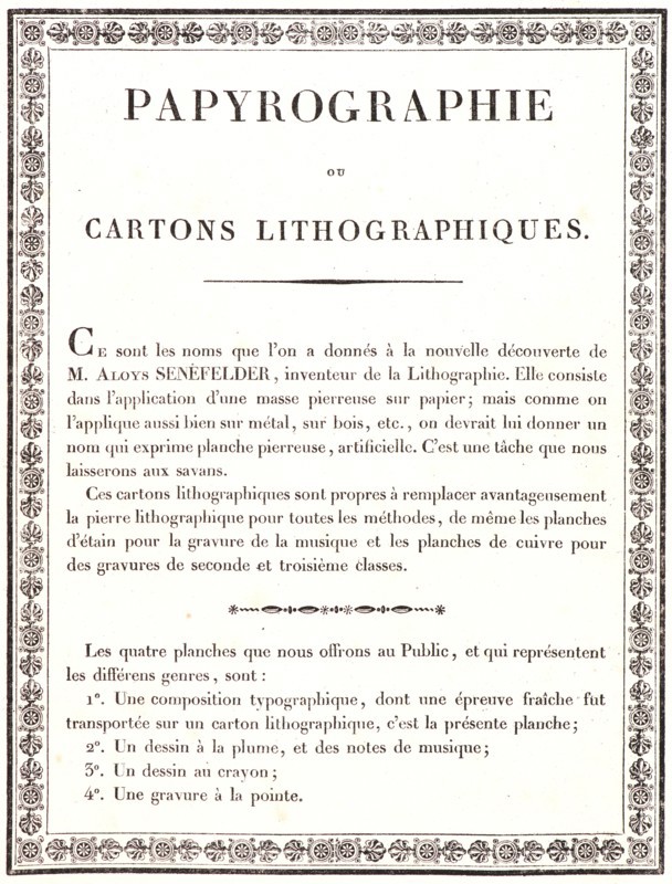 Alois Senefelder (German, 1771 - 1834). A Typographical Composition, from â€úReceuil Papryographiqueâ€ù, 1820. From Premiers Essais de l'impression chimique sur cartons lithographiques.... Pen lithograph.