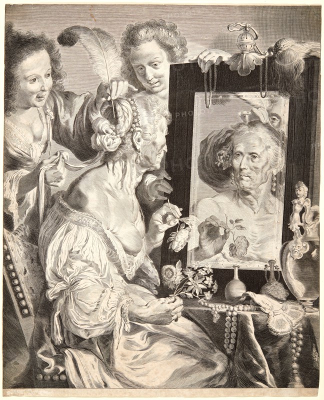 Jeremias Falck (Polish ca. 1609-1677) Possibly after Johann Lys (aka Johann Liss) (Dutch, 1600-1657) possibly after Bernardo Strozzi (Italian, 1581-1644). The Old Woman before the Mirror, ca. 1597-1629. Engraving.