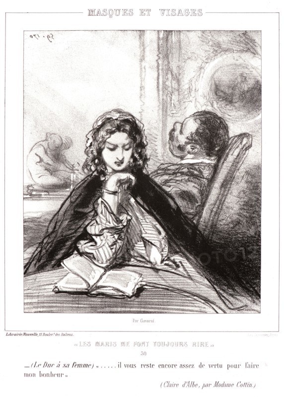 Paul Gavarni (aka Hippolyte-Guillaume-Sulpice Chevalier, French, 1804 - 1866). (The Duke to his wife) You have enough virtue left to make me happy, 1853. From Les Maris Me Font Toujours Rire, album 2; Masques et Visages. Lithograph.