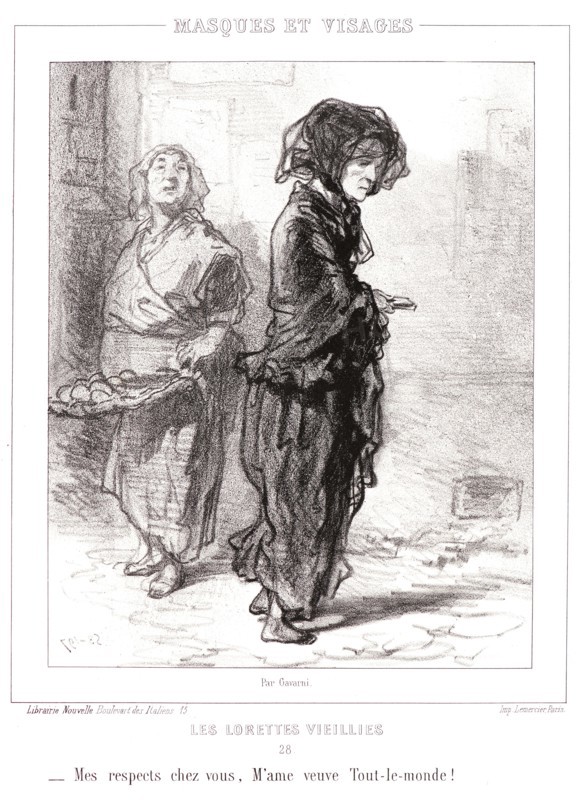 Paul Gavarni (aka Hippolyte-Guillaume-Sulpice Chevalier, French, 1804 - 1866). I express my condolences, Madame, widow of the world, ca. 1852. From Les Lorettes Vieillies, album 2; Masques et Visages. Lithograph.