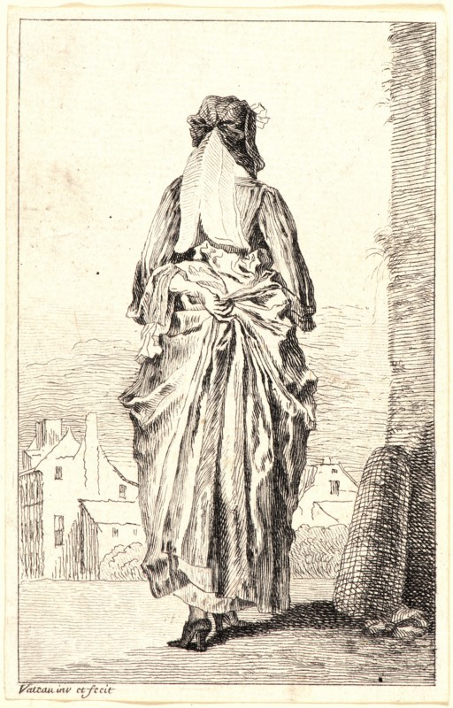 Jean-Antoine Watteau (French, 1684 - 1721). Lady Walking Seen from Behind (La Femme marchand au fond), ca. 1710. From Figures de Mode. Etching and engraving on laid paper. Plate: 113 mm x 71 mm (4.45 in. x 2.8 in.). Fourth of seven states.