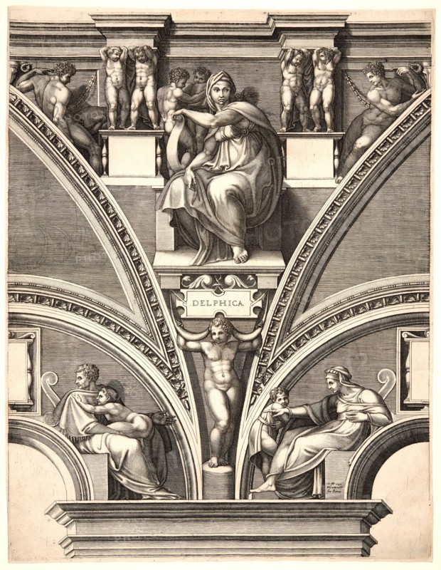 Giorgio Ghisi (Italian, 1520-1582) after Michelangelo Buonarroti (Italian, 1475 - 1564). Delphica, ca. 1570-1573. From Prophets and Sibyls from the Sistine Ceiling. Engraving. Plate: 557 mm x 436 mm (21.93 in. x 17.17 in.). Third of four states.