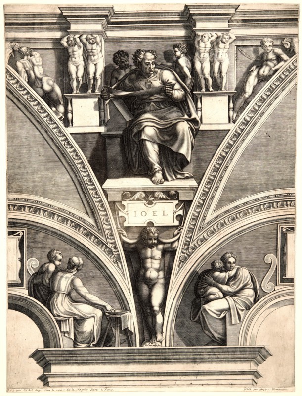 Giorgio Ghisi (Italian, 1520-1582) after Michelangelo Buonarroti (Italian, 1475 - 1564). Joel, ca. 1570-1573. From Prophets and Sibyls from the Sistine Ceiling. Engraving. Plate: 557 mm x 436 mm (21.93 in. x 17.17 in.). Fourth of five states.