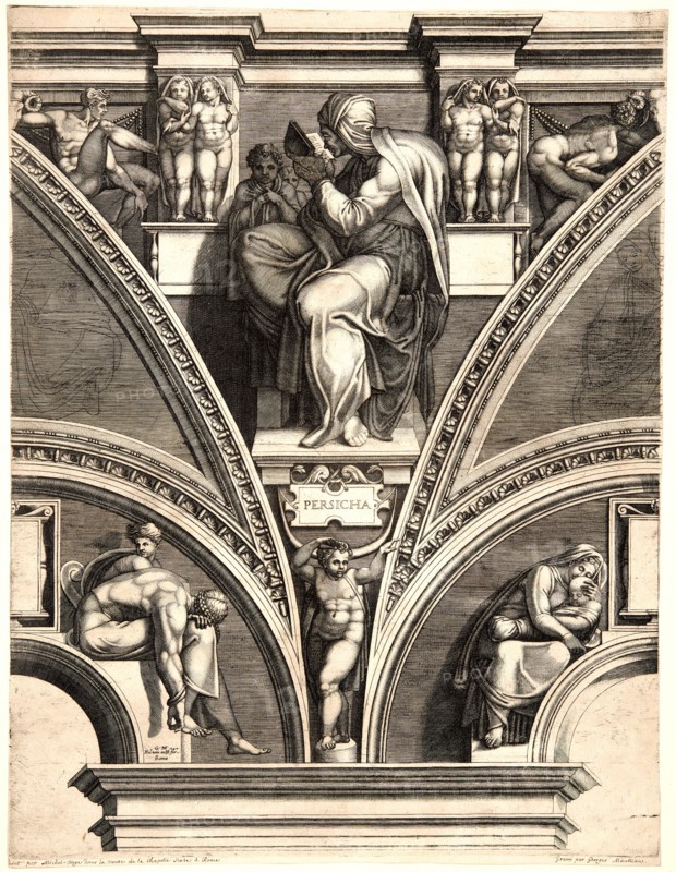 Giorgio Ghisi (Italian, 1520-1582) after Michelangelo Buonarroti (Italian, 1475 - 1564). Persica, ca. 1570-1573. From Prophets and Sibyls from the Sistine Ceiling. Engraving. Plate: 557 mm x 436 mm (21.93 in. x 17.17 in.). Second of three states.