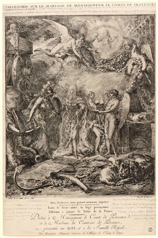 Gabriel de Saint-Aubin (French, 1724 - 1780). Allegorie sur le Marriage de Monseigneur le Comte de Provence, 1771. Etching. Sheet: 300 mm x 198 mm (11.81 in. x 7.8 in.).