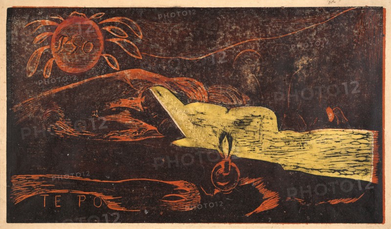 Paul Gauguin (French, 1848 - 1903). Te Po (La Grand Nuit), 1893-1894. From Noa Noa Suite. Woodcut printed in three colors (black, orange, and yellow) on tan wove paper. Image: 207 mm x 359 mm (8.15 in. x 14.13 in.). Second of two states.