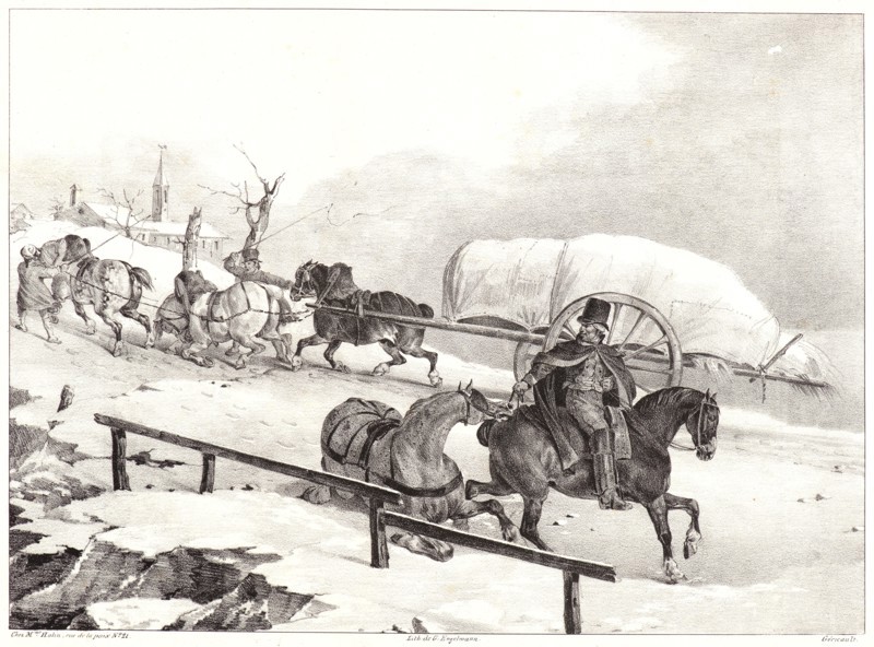 Théodore Géricault (French, 1791 - 1824). Wagoners Driving up a Hill, 1823. Lithograph on white wove paper. Image: 220 mm x 304 mm (8.66 in. x 11.97 in.). Second of five states, before the address of Mme. Hulin removed.