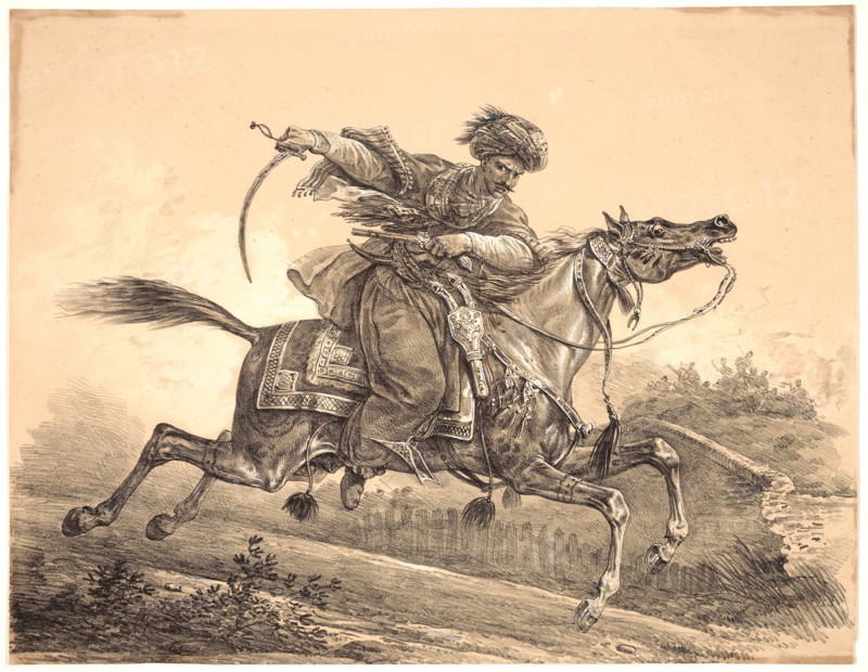 Carle Vernet (aka Antoine Charles Horace Vernet, French, 1758 - 1836). Mohammedan Rider with Sabre and Pistol, early 19th century. Crayon lithograph with hand wash and highlighting on brown wove paper. Image: 383 mm x 490 mm (15.08 in. x 19.29 in.).