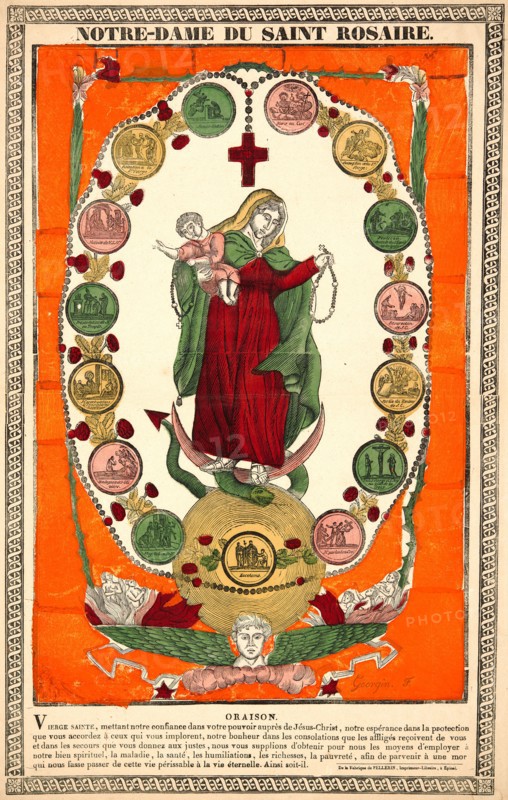 FrancÂ¸ois Georgin (French, 1801 - 1863). Notre Dame du Saint Rosaire, ca. 1875. Woodcut with hand coloring on laid paper. Image: 601 mm x 375 mm (23.66 in. x 14.76 in.) (image dimensions are for block).