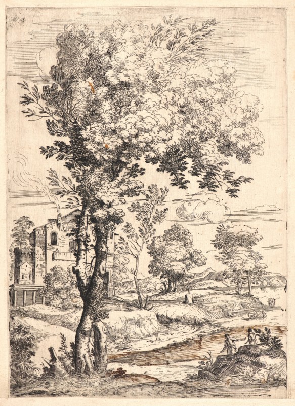 Giovanni Francesco Grimaldi (Italian, 1606 - 1680). Landscape with Two Men near a Knoll, ca. 1660-1680. Etching (with river and bank foreground reinforced with pen and sepia ink) on laid paper. Plate: 260 mm x 186 mm (10.24 in. x 7.32 in.). First of two states, before the name of Carrache.