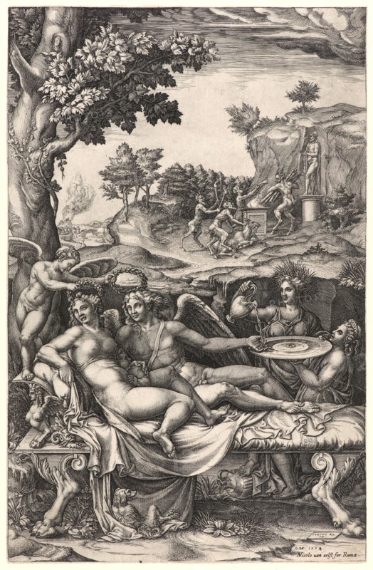 Giorgio Ghisi (Italian, 1520-1582) after Giulio Romano (Italian, probably 1499 - 1546). The Wedding of Cupid and Psyche, ca. 1573-1574. Engraving on laid paper. Plate: 360 mm x 232 mm (14.17 in. x 9.13 in.). Third of four states.