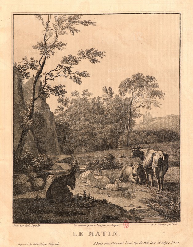 Claude Fortier (French, 1755 - after 1822) and Pierre-Jean Boquet (French, 1751 - 1817) after Karel Dujardin (Dutch, 1626 - 1678). Morning (Le Matin), ca. 1800-1820. Etching on laid paper. Sheet: 288 mm x 230 mm (11.34 in. x 9.06 in.).
