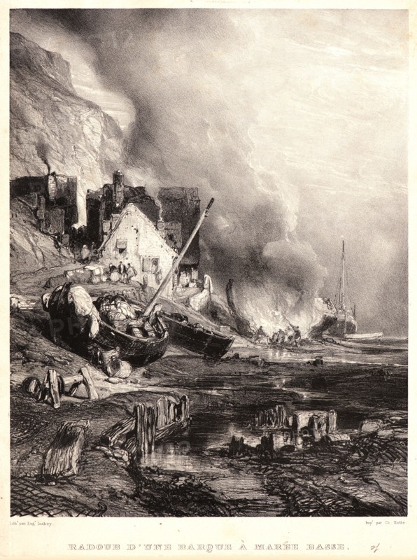 EugÃ¨ne Isabey (French, 1803 - 1886). Refitting a Boat at Low Tide (Radoub d'une Barque Ã  Marée Basse), 1833. From Six Marines. Lithograph on wove paper. Second of two states, with lower part of inscription cut off.