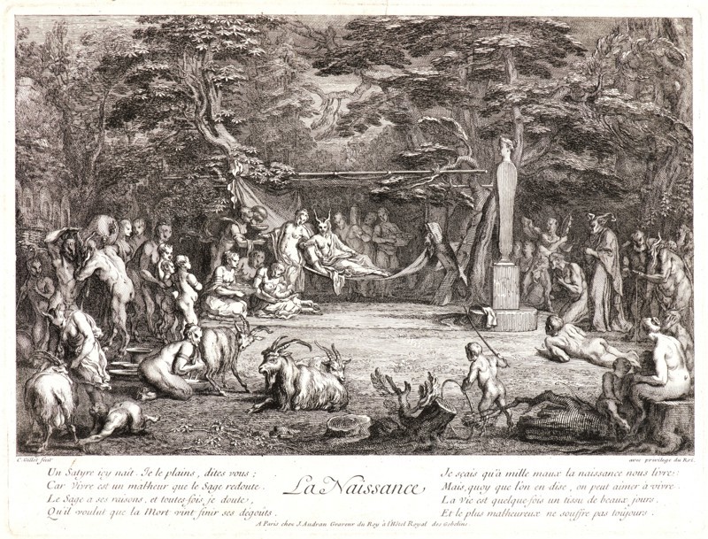 Claude Gillot (French, 1673-1722) and Jean Audran (French, 1667-1756). Birth (La Naissance), ca. 1718-1722. From Life of the Satyrs. Etching and engraving on laid paper. Plate: 256 mm x 340 mm (10.08 in. x 13.39 in.). Third of three states.