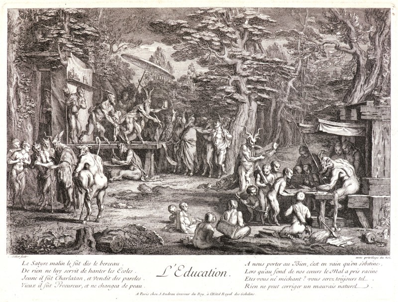 Claude Gillot (French, 1673-1722) and Jean Audran (French, 1667-1756). Birth (La Naissance), ca. 1718-1722. From Life of the Satyrs. Etching and engraving on laid paper. Plate: 256 mm x 342 mm (10.08 in. x 13.46 in.). Third of three states.
