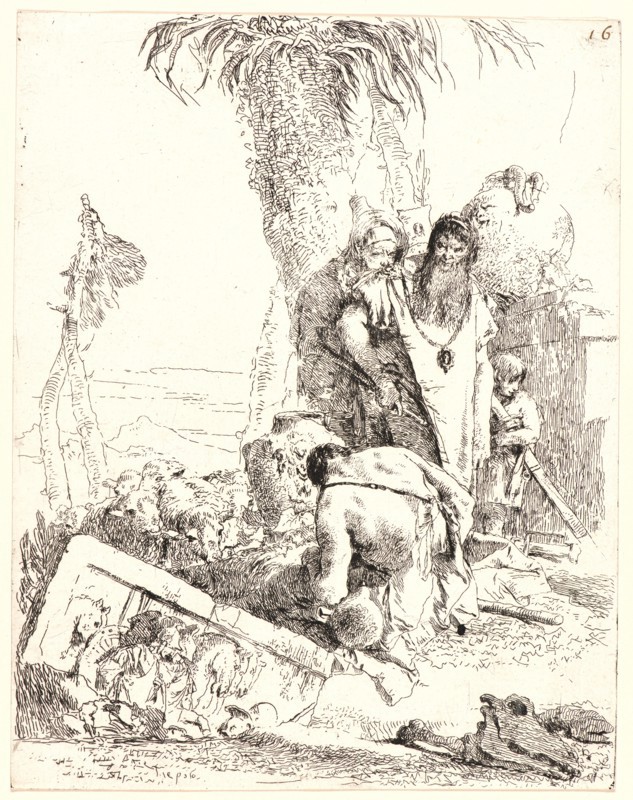 Giovanni Battista Tiepolo (aka Giambattista Tiepolo) (Italian, 1696 - 1770). A Shepherd with Two Magicians, ca. 1735-1740. From Scherzi. Etching on laid paper. Plate: 222 mm x 175 mm (8.74 in. x 6.89 in.). First of two states.
