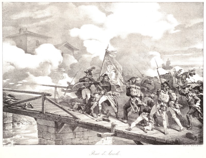 Horace Vernet (French, 1789 - 1863). The Bridge at Arcole (Pont d'Arcole), ca. 1822. From Vie Politique et Militaire de Napoléon. Lithograph on wove paper. Image: 280 mm x 394 mm (11.02 in. x 15.51 in.).