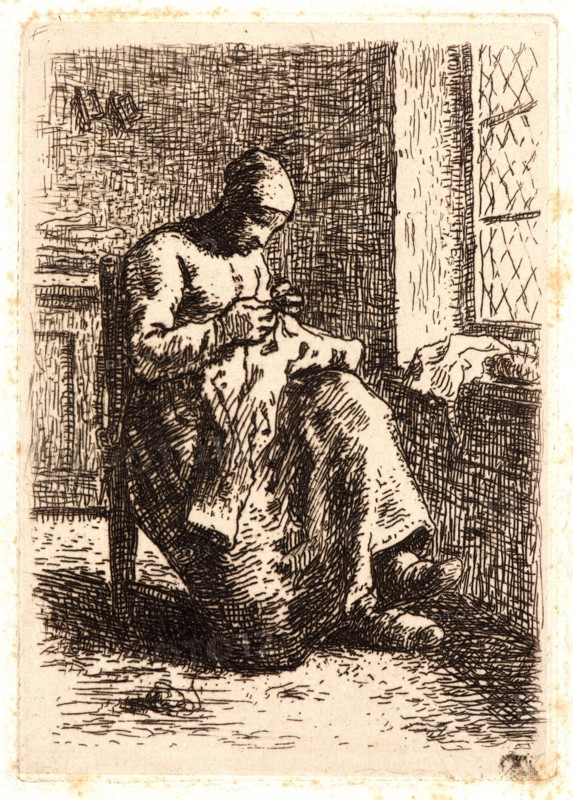 Jean-FranÃ§ois Millet (French, 1814 - 1875). Woman Sewing (La Couseuse), ca. 1855-1856. Etching printed in dark brown ink on chine collé. Plate: 105 mm x 76 mm (4.13 in. x 2.99 in.). Second of three states.