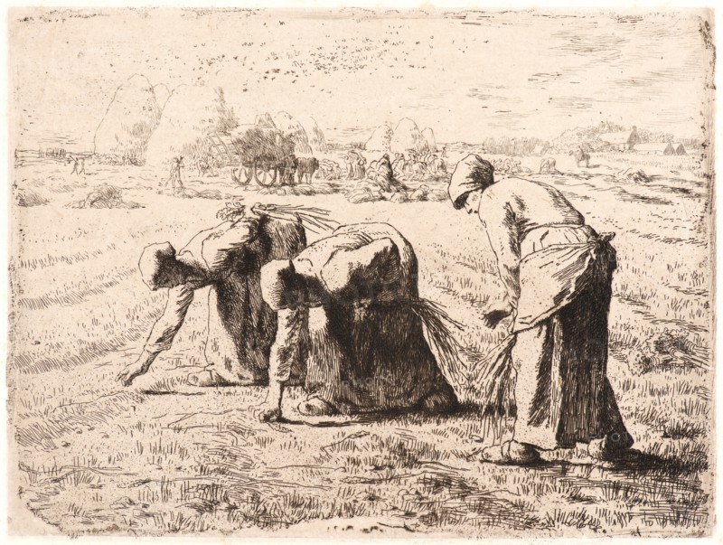 Jean-FranÃ§ois Millet (French, 1814 - 1875). The Gleaners (Les Glaneuses), ca. 1855-1856. Etching printed in brown ink on chine collé. Plate: 189 mm x 252 mm (7.44 in. x 9.92 in.). First of two states.