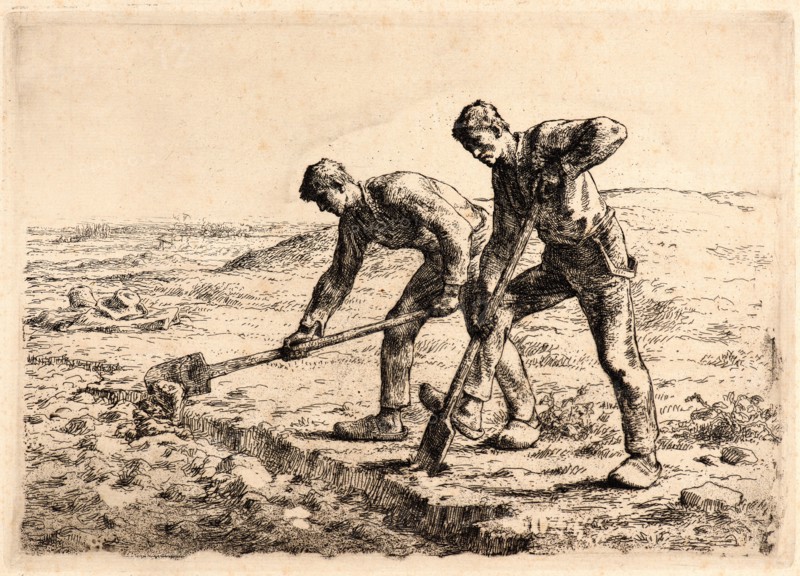 Jean-FranÃ§ois Millet (French, 1814 - 1875). The Diggers (Les BÃªcheurs), ca. 1856. Etching printed in brown ink on laid paper. Plate: 238 mm x 337 mm (9.37 in. x 13.27 in.). Second of four states.