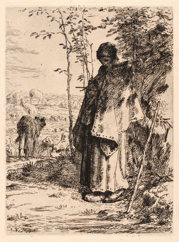 Jean-FranÃ§ois Millet (French, 1814 - 1875). Shepherdess Knitting (La Grande BergÃ¨re), 1862. Etching printed in brown ink on laid paper. Plate: 320 mm x 238 mm (12.6 in. x 9.37 in.). Only state.