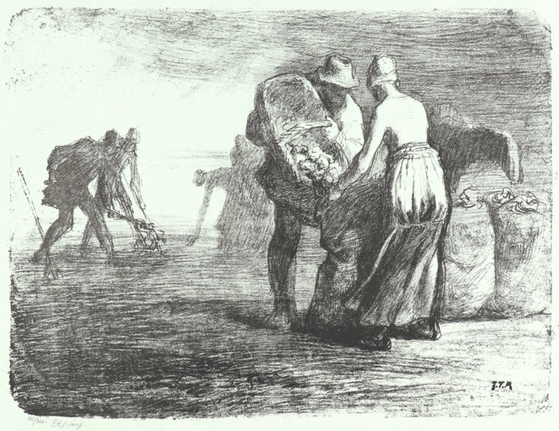 Jean-FranÃ§ois Millet (French, 1814 - 1875). Potato Gatherers, 19th century (published 1920s). Lithograph on light blue wove paper. Image: 236 mm x 316 mm (9.29 in. x 12.44 in.).