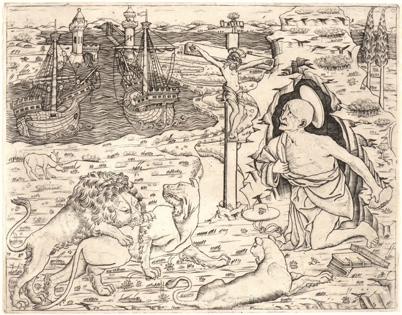 Anonymous (Italian). St. Jerome in Penitence, with Two Ships in a Harbor, ca. 1460- 1480 (restrike printed ca. 1812). Engraving on wove paper. Plate: 218 mm x 282 mm (8.58 in. x 11.1 in.).