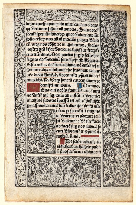 Philippe Pigouchet (French, active 1488â€ì1515). St. Michel [?] (Encadrement Ã  la chose), ca. 1498. From Book of Hours of Roman Use (Heures a l'usage de Rome). Metal cut on vellum.