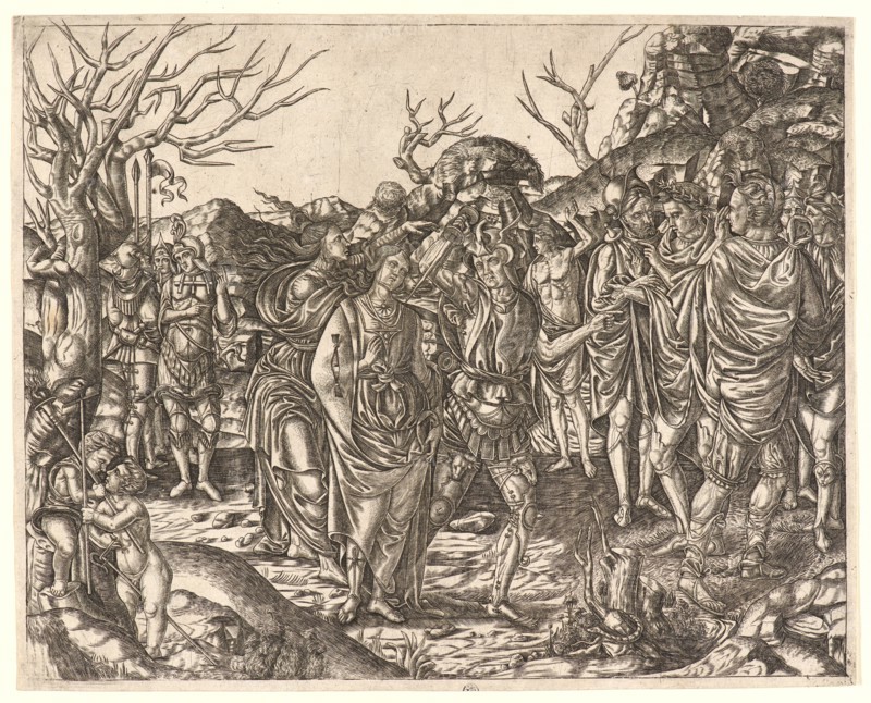 Anonymous (Italian). Death of Virginia, ca. 1500-1510. Engraving on laid paper. Plate: 235 mm x 295 mm (9.25 in. x 11.61 in.) (sheet height is irregular, 243 mm. at left and 240 mm. at right; plate height is irregular, 235 mm. at left and 233 mm. at right).