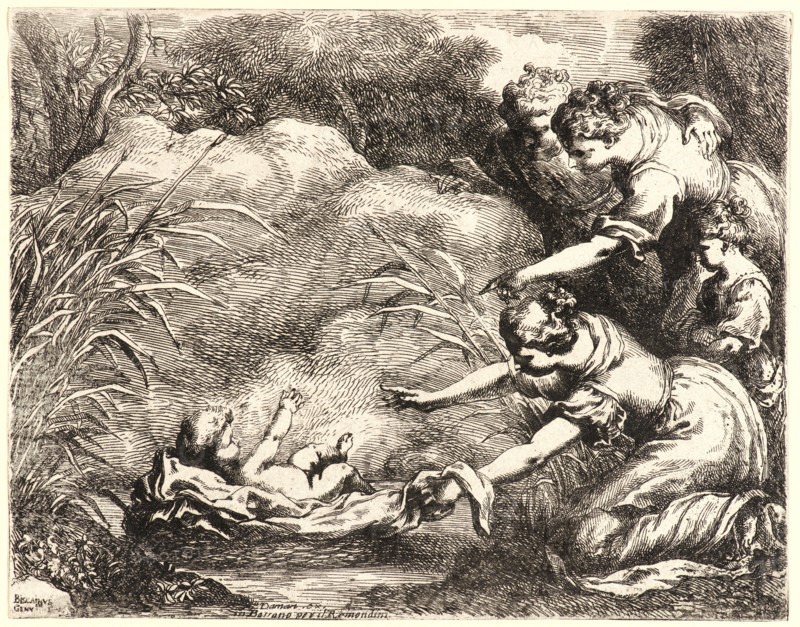 Bartolomeo Biscaino (Italian, 1632 - 1657). The Finding of Moses, 17th century. Etching. Second state, with additional description undescribed in Bartsch.