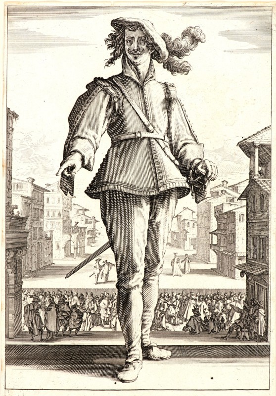 Jacques Callot (French, 1592 - 1635). Braggadocio, 1618. From The Three Actors (Les Trois Pantalons). Etching and engraving.