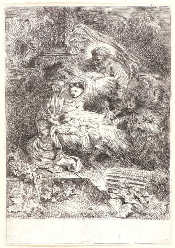 Giovanni Benedetto Castiglione (Italian, 1609 - 1664). God the Father and the Holy Spirit, Watching over the Newborn Child (Dieu le pÃ¨re considérant son fils, nouvellement né), ca. 1645. Etching.
