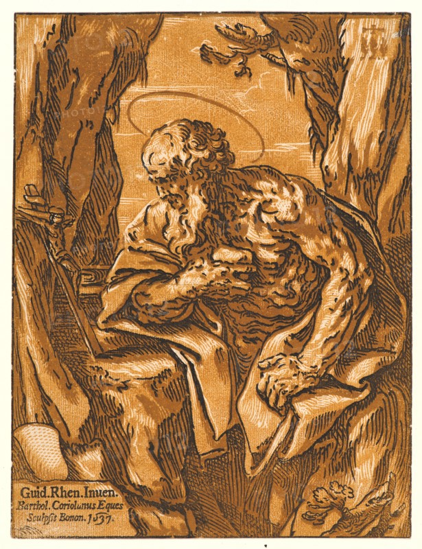 Bartolomeo Coriolano (Italian, ca. 1599-1676) after Guido Reni (Italian, 1575 - 1642). St. Jerome as a Penitent, 1637. Chiaroscuro woodcut printed from three blocks in yellow, brown, and black. Image: 290 mm x 220 mm (11.42 in. x 8.66 in.).
